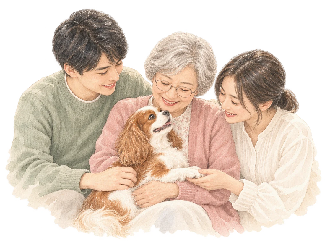 パパとママに見守られ、おばあちゃんのひざで安心して甘えるキャバリアの水彩イラスト