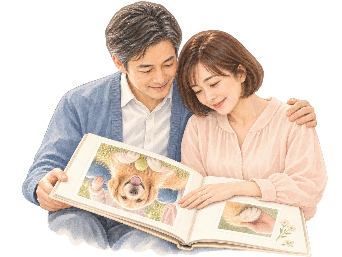 愛犬のゴールデンと過ごした日の写真を、寄り添ってひらくパパとママの水彩イラスト