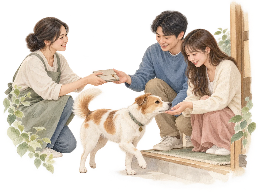 保護していた人が日々のきおくを記した一冊を新しい家族へ手渡し、白と茶色の犬が差し出された手に近づく水彩イラスト