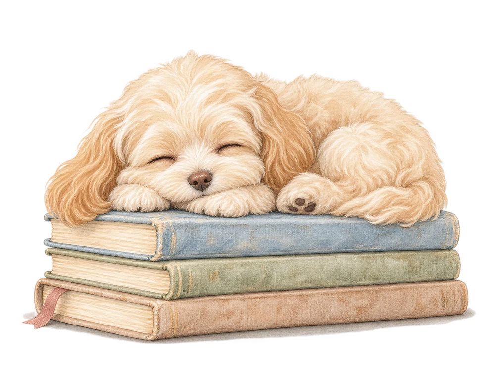 大切な本の上で、すやすや眠るBaobaoの水彩イラスト
