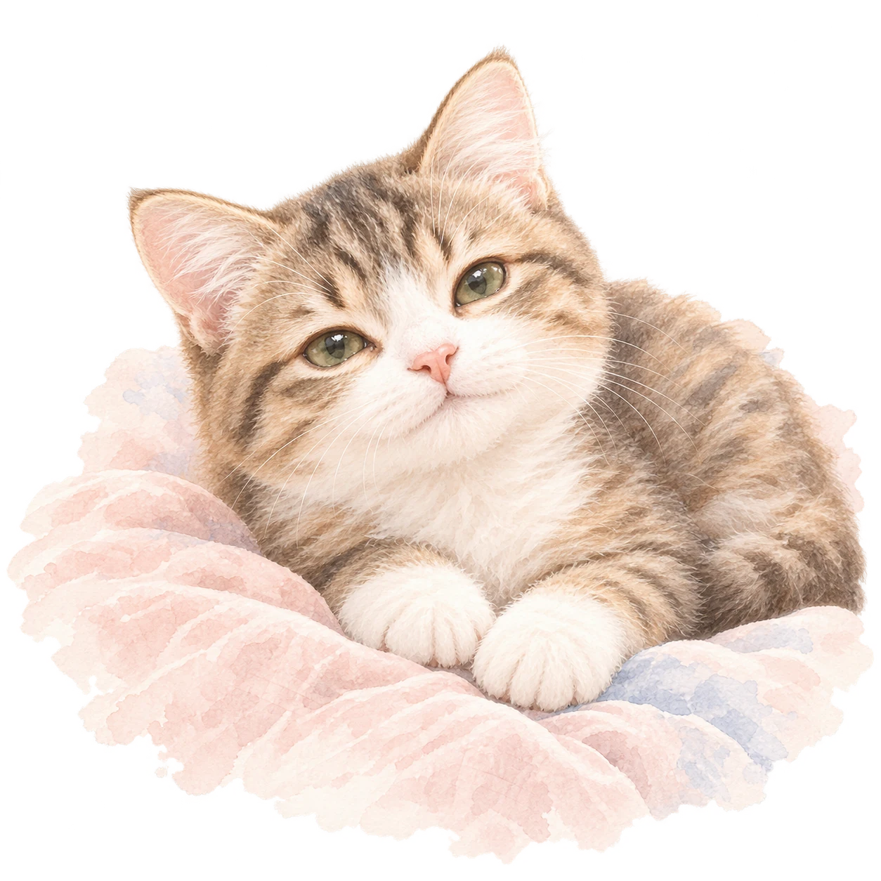 A tabby-and-white cat looks softly at you from a pale pink cushion.