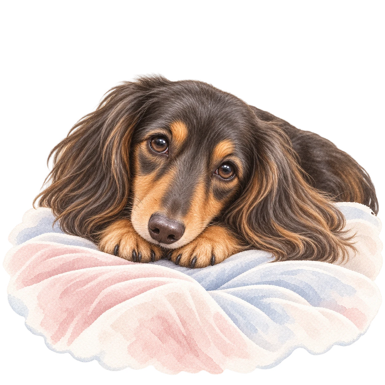 A long-eared dog rests its chin on its paws and looks up at you.
