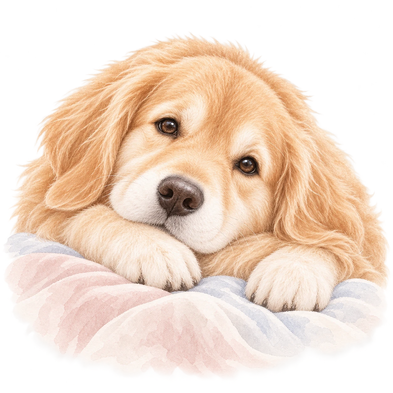 A gentle large golden dog rests its head on a front paw.