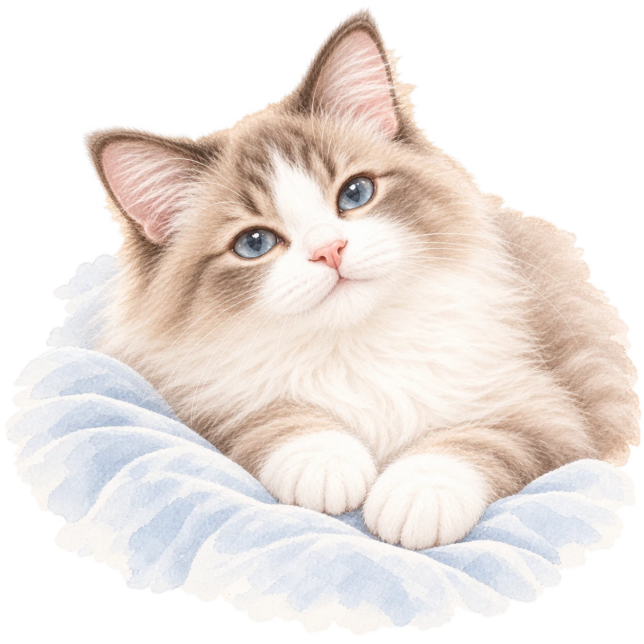 A silky white cat with blue eyes gazes gently upward.