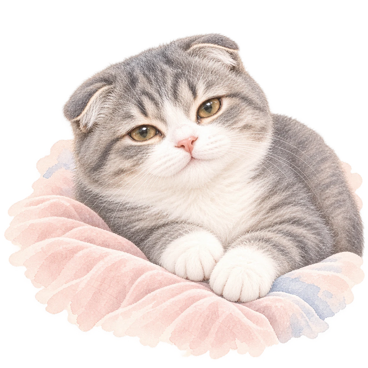 A gray-and-white cat rests its white paws together with a sleepy, trusting gaze.