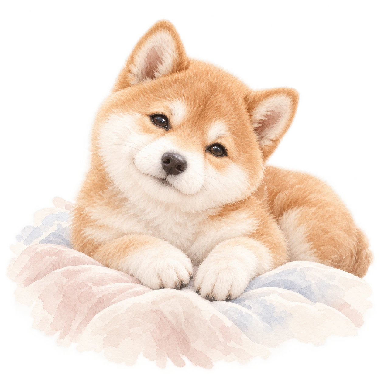 A warm brown dog rests its front paws together and looks at you with trust.